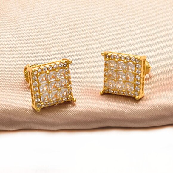 Gold Plated Zircon Stud Earrings for Men & Women - Elegant Cubic Zirconia Jewelr - Picture 4 of 5